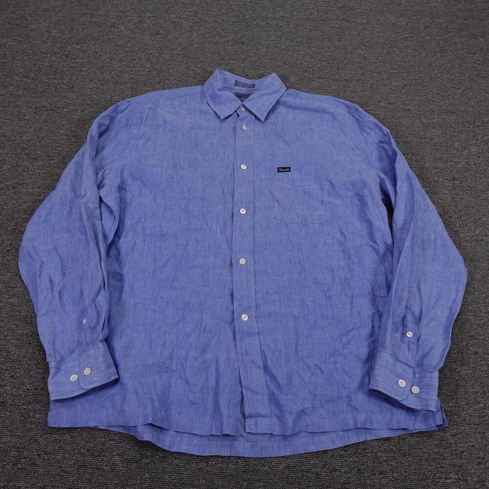Faconnable Shirt Mens Large Blue Solid Linen Long Sleeve Button Up Casual Summer